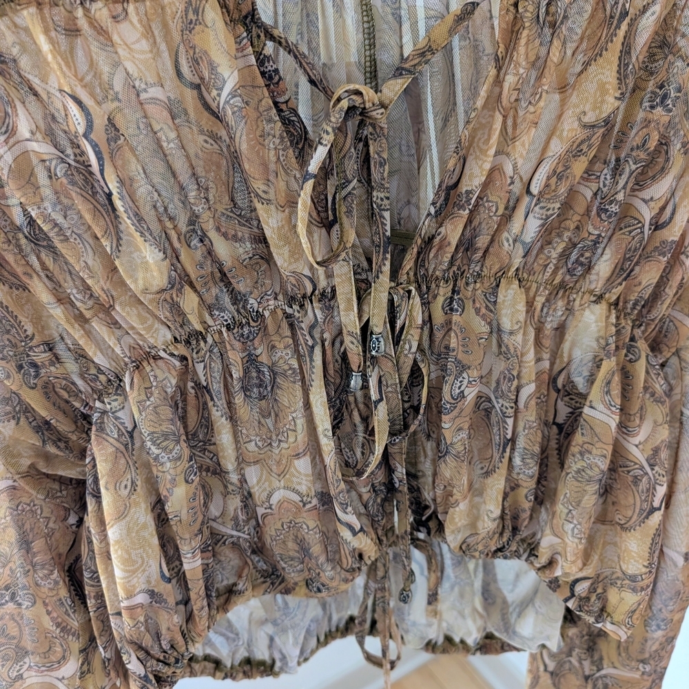 NWT ZARA Floral Sheer Patterned Tie-Front Blouse In Tan/Gold - S - Picture 10 of 11